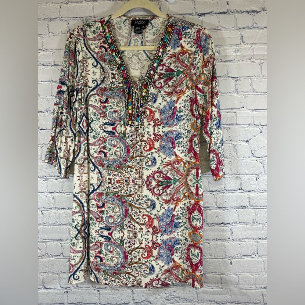 Papillion Blue Red Cream Paisley Beaded Boho Chic Beach Vacation Popover Top S
